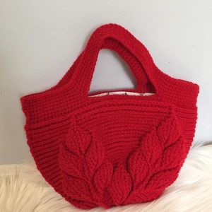 🔥NEW🔥 Crochet Handmade 3D-Leaf Bag, Red Cherries Drawstring Lining | Lunch bag